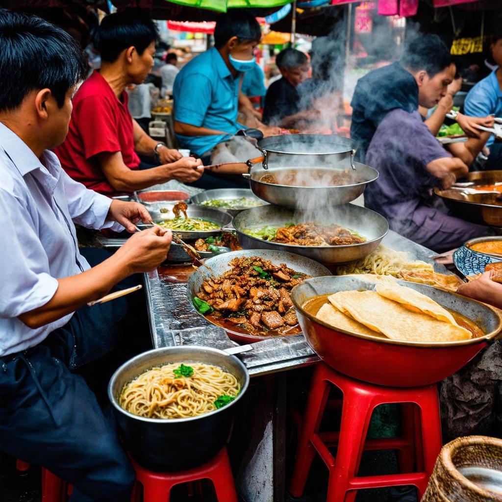Khu vực ẩm thực đường phố sôi động với các món ăn hấp dẫn tại chợ Long Khánh.